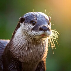 Fototapeta premium Close-up of a river otter illuminated by soft sunlight. Fur is wet. Eyes are focused. Blurry green background
