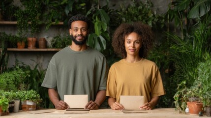 Diverse couple stands proudly with seed packets in lush indoor g