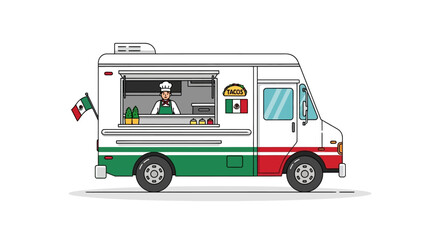Vibrant mexican food truck with chef visible inside, serving delicious cuisine, decorated with the mexican flag and ready to cater to hungry customers