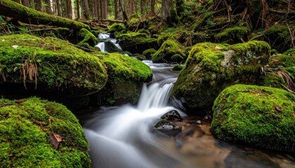 A Lush Green Forest Stream with Moss Covered Rocks and Flowing Water in Soft Morning Light