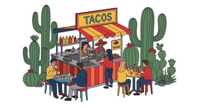 Vibrant busy taco stand with people enjoying food amidst tall saguaro cacti, depicting lively outdoor dining experience