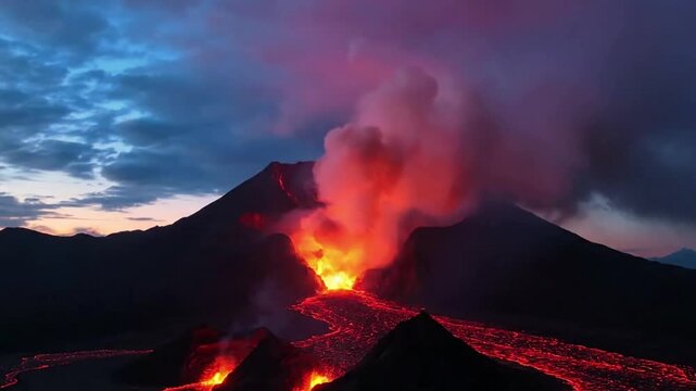Slow motion capture of a powerful pyroclastic flow, a dense cloud of hot gas and volcanic debris, descending rapidly, viewed safely from a distance. Long shot slow motion