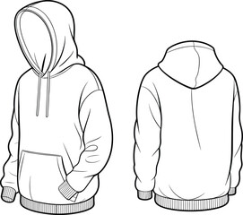 Oversized hoodie technical flat sketch with kangaroo pocket, ribbed cuffs, drawstring hood, front and back fashion apparel cad drawing vector