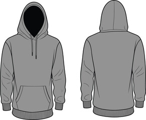 Hooded sweatshirt technical flat, pullover hoodie cad drawing with front pocket and drawstrings, detailed fashion vector template design