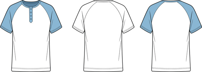 Raglan sleeve Henley T-shirt technical flat with button placket and contrast sleeves, detailed apparel fashion cad drawing vector template