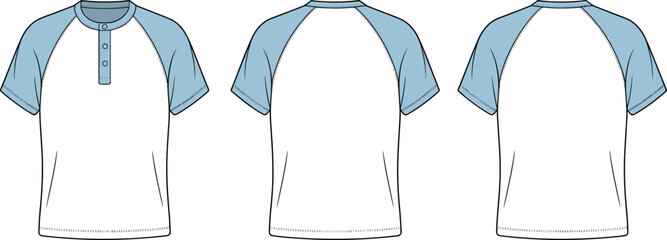 Raglan sleeve Henley T-shirt technical flat with contrast sleeves and button placket, detailed apparel cad drawing fashion vector template