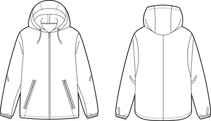 Technical flat hooded jacket sketch with zipper pockets, drawstring hood, long sleeves, front and back clothing apparel cad drawing vector
