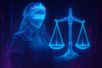 Futuristic digital artwork of Lady Justice with neon blue scales symbolizing modern law and technology.
