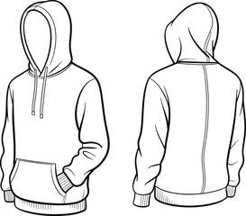 Front and back hoodie technical flat sketch with kangaroo pocket, ribbed cuffs, drawstring hood, detailed apparel fashion cad drawing vector template