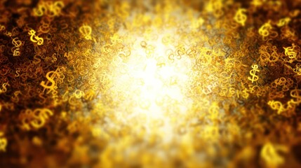 Abstract golden dollar signs swirling in a bright luminous tunnel creating a sense of wealth and prosperity