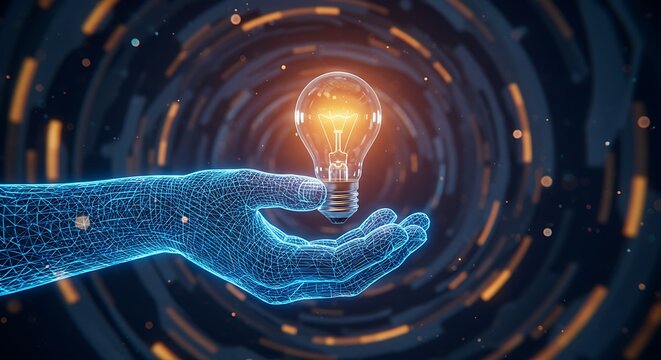 Animated image of a glowing lightbulb held by a digital hand against a dark, tech background