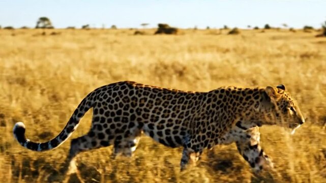 Leopard stalking through sunlit savanna grass, a powerful predator in its natural African habitat