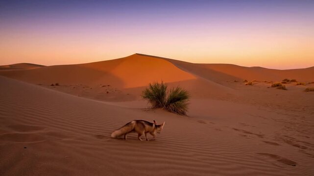 A solitary fennec fox or desert tortoise navigating the sandy terrain, highlighting resilience and adaptation in extreme conditions. Medium shot following the animal's movement.