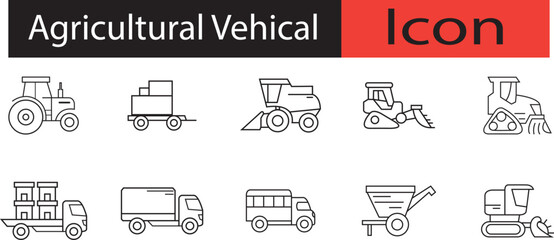 Agricultural vehicle line  icon set. Vector line art design. trailer, irrigation, drill, silage, fertilizer etc illustration art