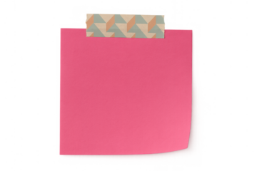 Pink sticky note template on transparent background with decorative geometric pattern masking tape holding paper memo