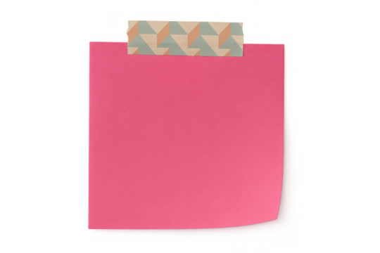 Pink sticky note template on transparent background with decorative geometric pattern masking tape holding paper memo