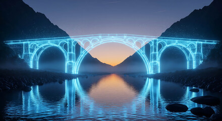 Bridge arches with blue lights reflected in calm water at sunset