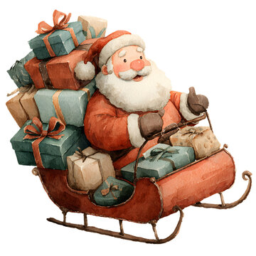 Adorable Papa Noel o Santa Claus de dibujos animados en su trineo repleto de regalos, hecho de acuarela en tonos rojos, sobre fondo blanco. Concepto celebraciones de navidad