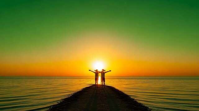 Two people with arms outstretched at sunset on a narrow path