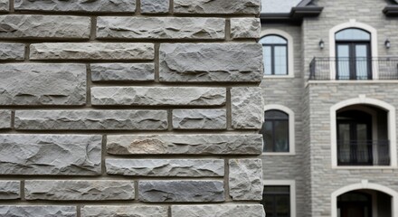 Fototapeta premium Textured Stone Wall and Residential Building with Arched Windows – Architectural Detail Close-Up 