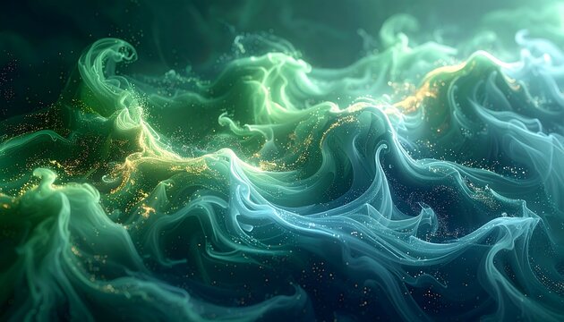 An ethereal, swirling depiction of abstract, flowing shapes. Hues of green and blue intermingle, scattered with shimmering particles