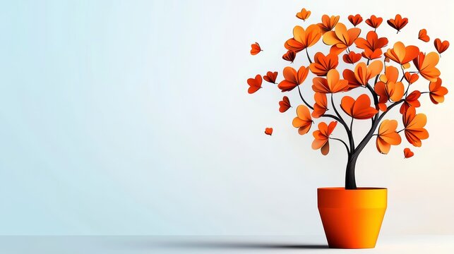 Whimsical heart-shaped flower tree indoor setting digital art minimalist style close-up view nature's beauty concept