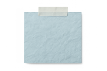 Blank light blue note paper taped to a surface, crumpled texture, transparent background for messages and reminders