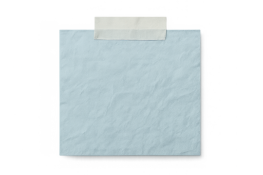 Blank light blue note paper taped to a surface, crumpled texture, transparent background for messages and reminders