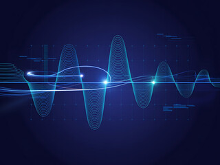 Abstract digital sound waveform with futuristic cityscape overlay