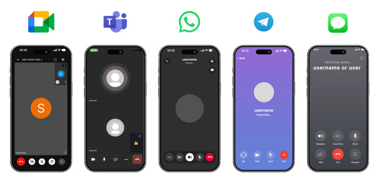 Video Call Interface Comparison &ndash; Google Meet, Microsoft Teams, WhatsApp, Telegram & FaceTime
Communication App UI Design Collection (Dark Mode)