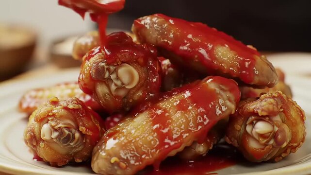 A chef pouring a rich, vibrant red barbecue sauce over a pile of freshly cooked crispy chicken wings, creating a delicious and messy appetizer