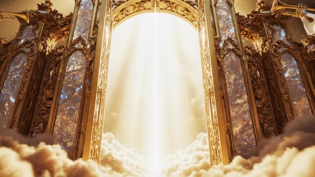 Ornate golden gate opening above clouds with angelic figures