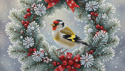Goldfinch perched on snow-covered wreath with festive decorations  
