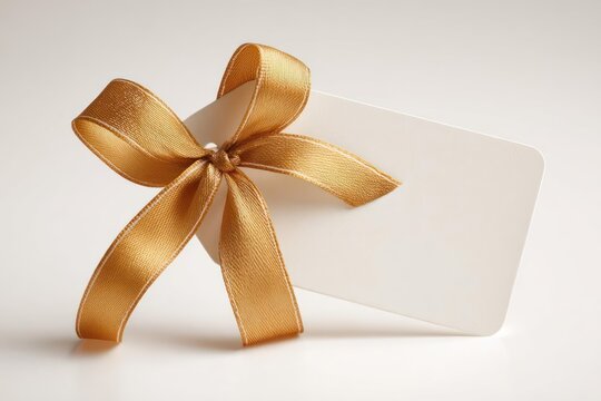 Elegant gold ribbon tied in a bow on a blank white card for gift tags or greeting messages