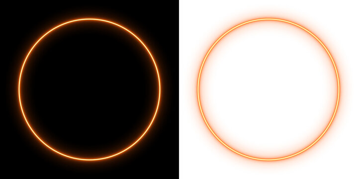 Glowing orange neon circle on black and transparent background, vibrant luminous ring design, futuristic minimal light art
