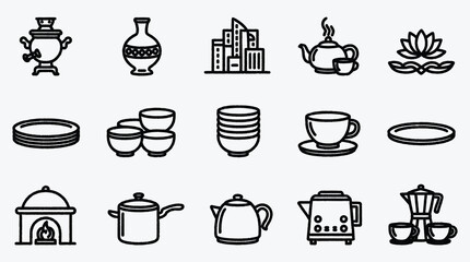 Collection of various kitchen and home icons in line art style