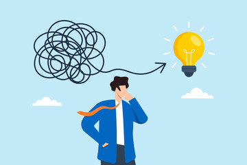 Flat illustration of businessman solving complicated problem with tangled lines and lightbulb symbolizing creative solution