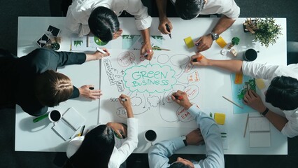 Top view of professional business team working together to brainstorm environmental idea by using mind map. Aerial view of smart manager talking and discussing about sustainable energy. Alimentation.