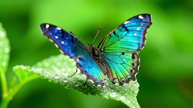 Close up of a morpho butterfly's shimmering blue wings catching sunlight, highlighting the structural color and delicate veins against a blurred verdant background.