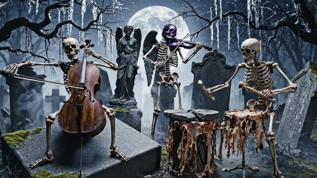 Skeletal musicians performing in a spooky cemetery under moonlight