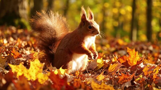 Nut Burying Ritual: A focused squirrel meticulously digging a small hole with its paws and carefully burying an acorn or walnut, then patting the soil, illustrating its winter preparation.