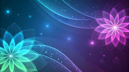 Glowing neon flowers on a cosmic nebula background