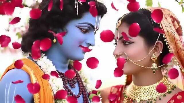 A romantic portrayal of the divine Hindu couple, Krishna and Radha, sharing a loving glance during a celebration with falling rose petals
