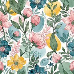 Watercolor floral pattern of hand-painted wildflowers and sprawling leaves tied with a sheer ribbon on a bright white silk background, created for wallpaper and fabric, illuminated with diffused	