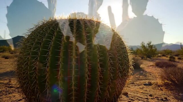 Abstract, artistic composition focusing on the geometric patterns and shadows cast by a prickly pear cactus, with soft, diffused lighting creating a serene, minimalist aesthetic.