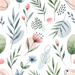 Watercolor floral pattern of hand-painted wildflowers and sprawling leaves tied with a sheer ribbon on a bright white silk background, created for wallpaper and fabric, illuminated with diffused	