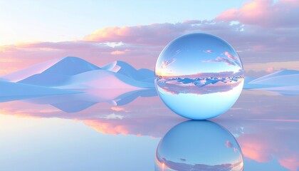 Crystal ball reflecting pastel sky over abstract landscape