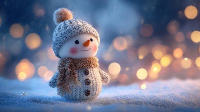 Charming knitted snowman wearing a cozy hat and scarf on a snowy winter night with bokeh lights