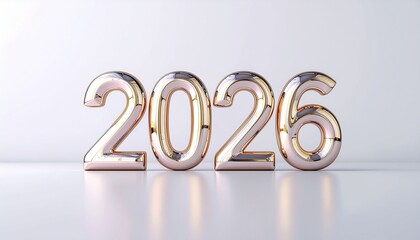 Gold and rose gold metal numbers 2026 on white background