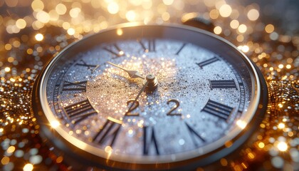 Close up of a vintage clock face with roman numerals and golden sparkles